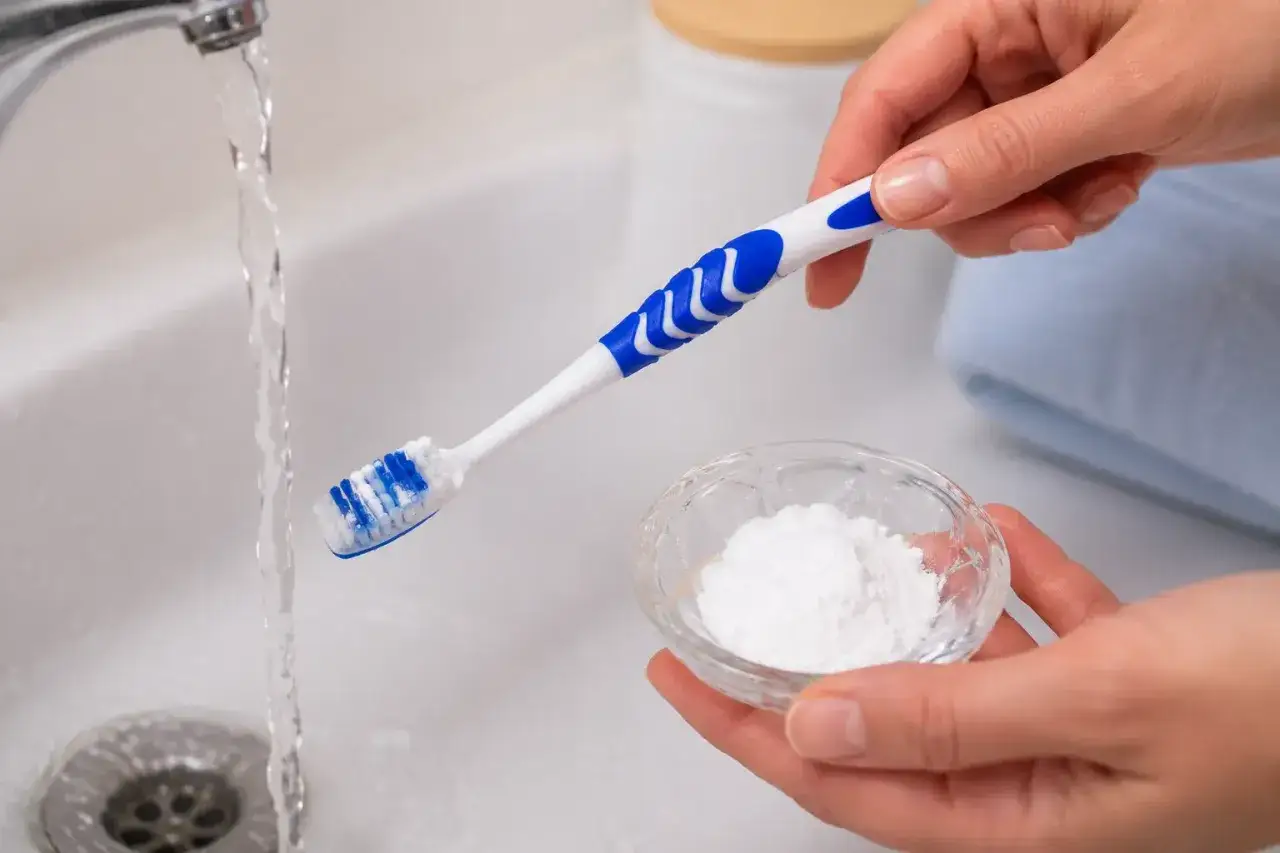 Mani che preparano un rimedio naturale per i denti: spazzolino sotto l'acqua corrente e una ciotolina di bicarbonato.