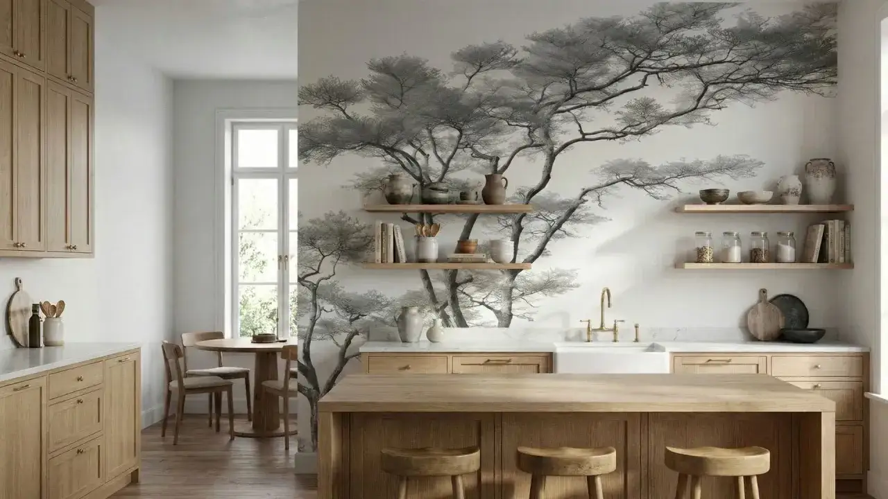 Une cuisine moderne avec des armoires en bois clair et un &icirc;lot central. Le mur du fond est orn&eacute; d'un magnifique papier peint &eacute;cologique repr&eacute;sentant un arbre aux branches stylis&eacute;es.