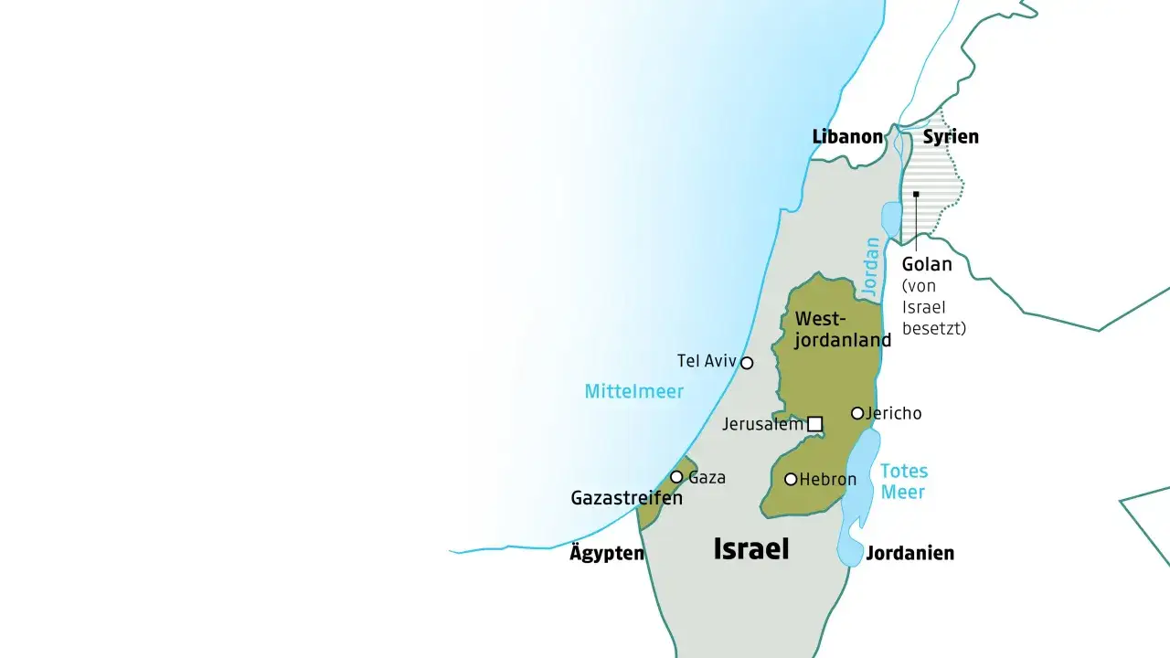 Karte von Israel und Umgebung. Zeigt das Mittelmeer, Jordanien, Libanon, Syrien, Ägypten, Gazastreifen, Westjordanland, Golan, Tel Aviv, Jerusalem, Jericho, Hebron. Die Karte illustriert die geografische Lage und die Bedeutung von Eretz Israel.