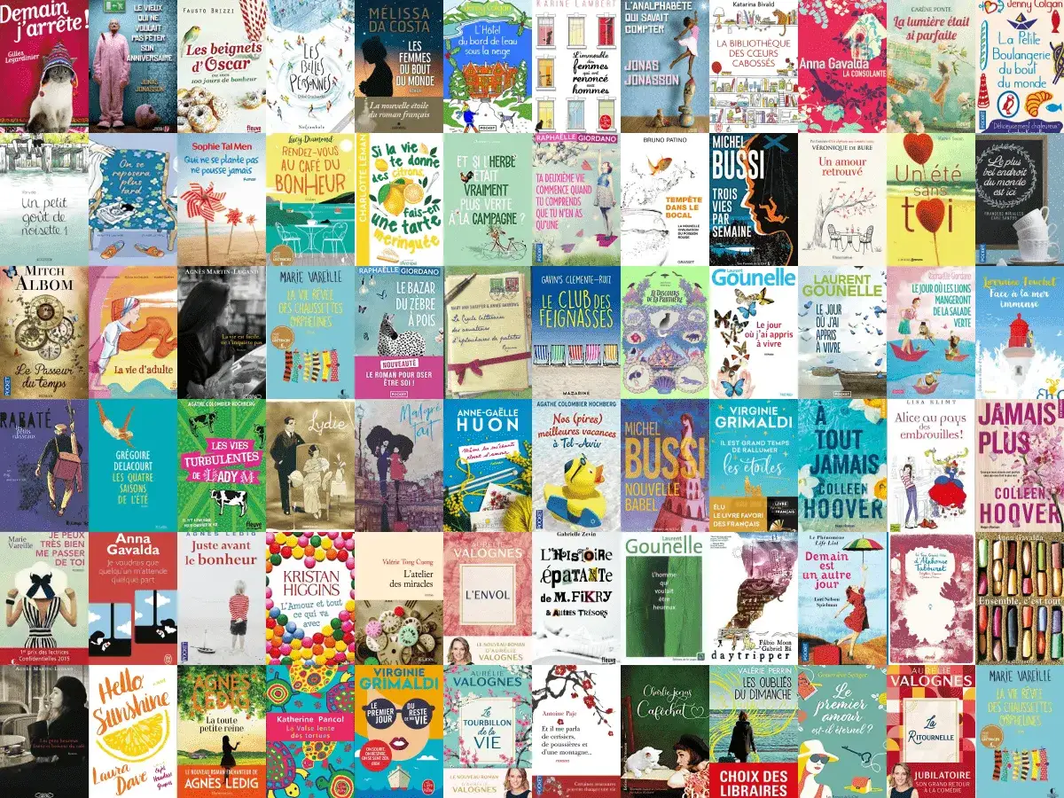 Une collection de couvertures de romans feel good, avec des titres comme