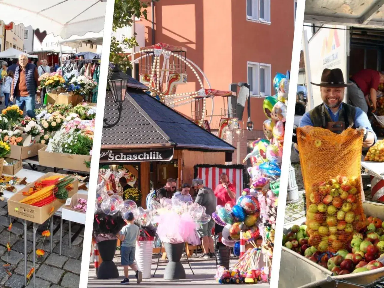 Buntes Treiben auf dem Herbstmarkt Unterfranken: Blumen, Schaschlik, Ballons und frische &Auml;pfel.