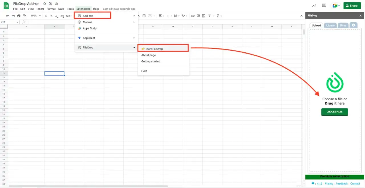 Dodatek FileDrop w google arkusze. Menu