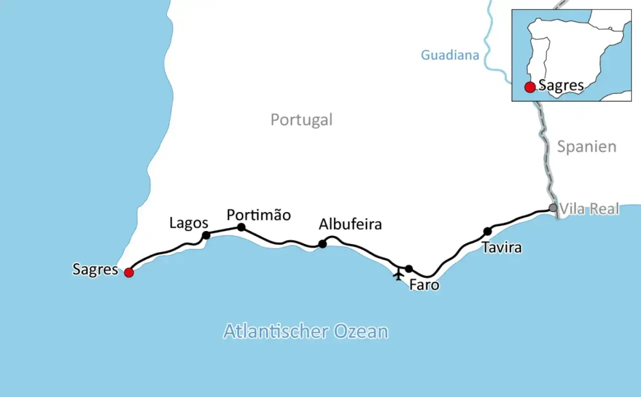 Karte zeigt eine Algarve Rundreise von Sagres über Lagos, Portimão, Albufeira, Faro bis Tavira.