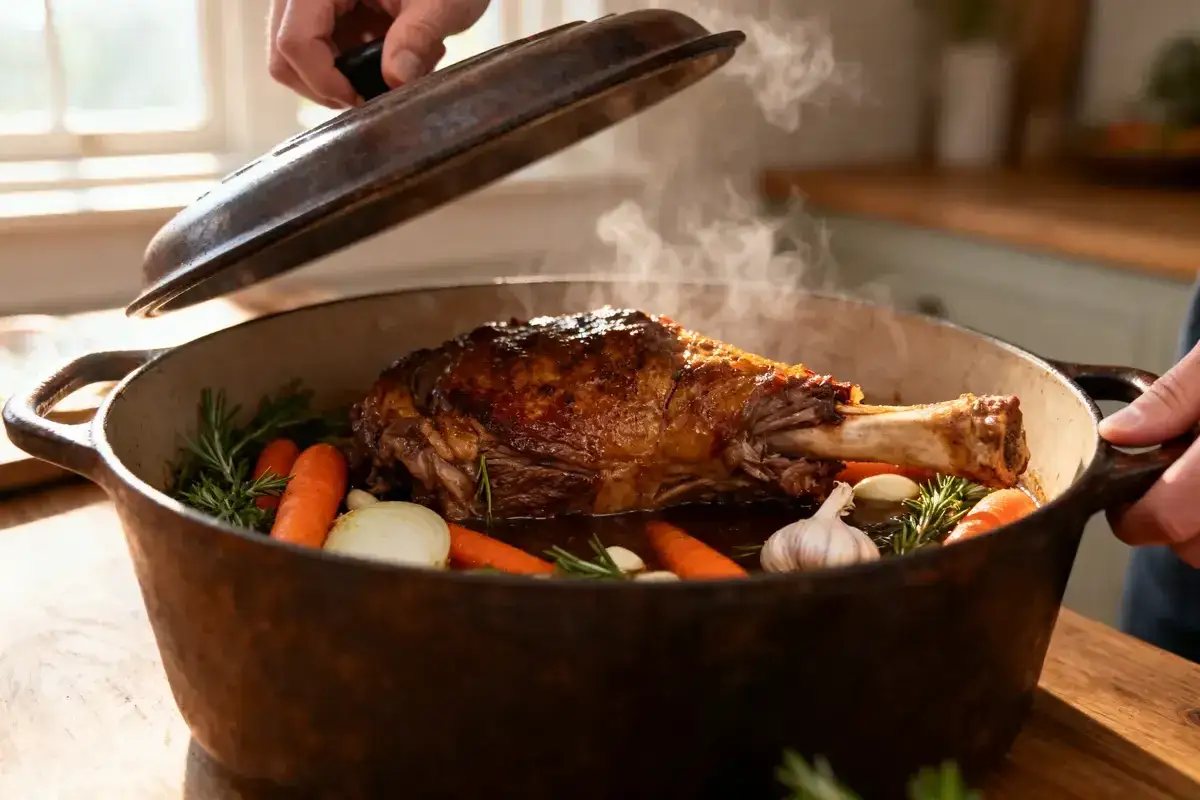 Une savoureuse selle d'agneau r&ocirc;tie dans une cocotte avec des carottes, de l'ail et du romarin. La vapeur s'&eacute;chappe du plat.