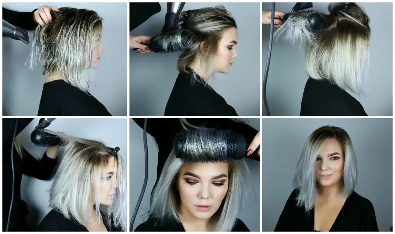 Steg-f&ouml;r-steg guide f&ouml;r en perfekt blowout hair. En kvinna stylar sitt blonda h&aring;r med f&ouml;n och rundborste f&ouml;r volym och glans.