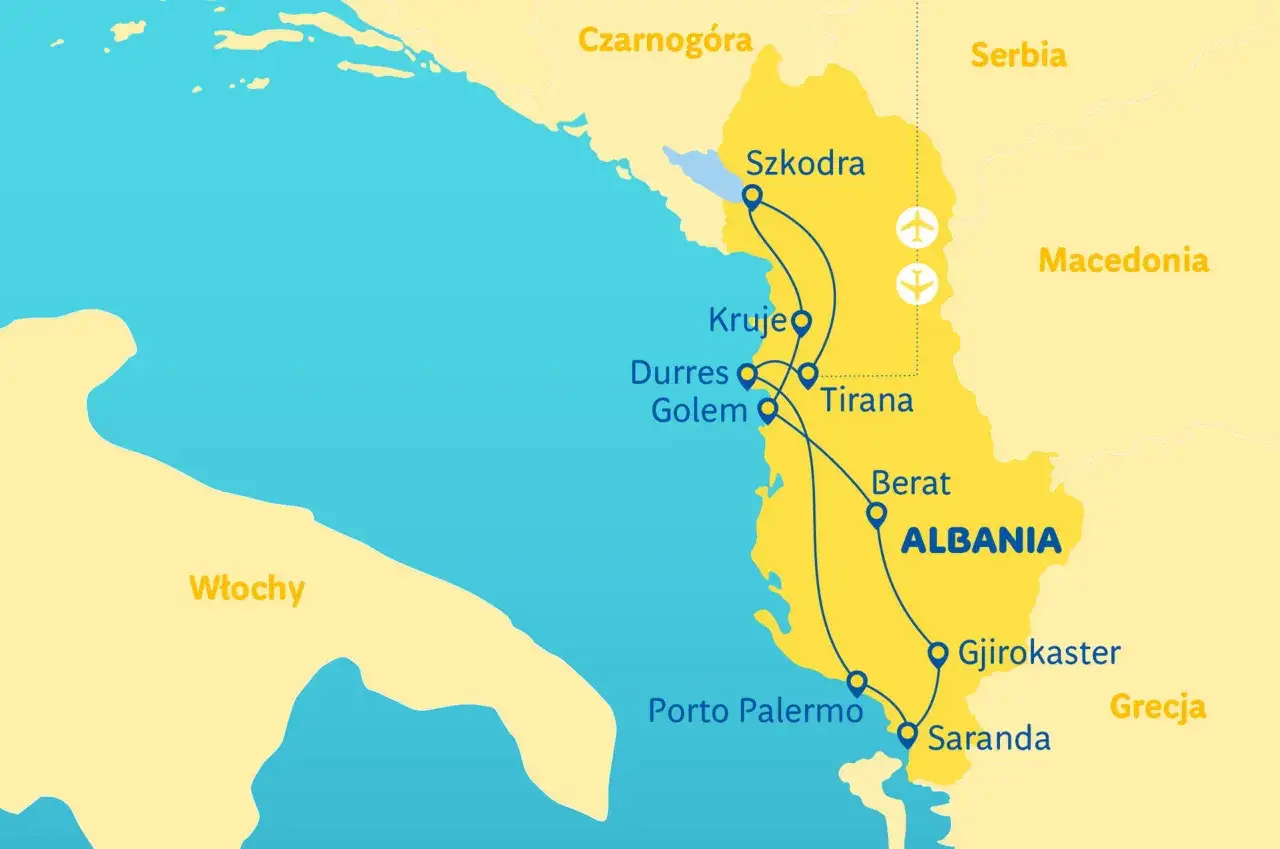 Mapa turystyczna pokazuje trasę przez albania miasta: Szkodrę, Tiranę, Berat, Gjirokaster i Sarandę.