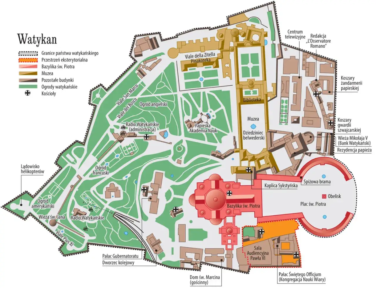 Mapa Watykanu, pokazująca granice państwa, bazylikę św. Piotra, muzea i ogrody. Czy Watykan to państwo? Tak, ta mapa to dowód.