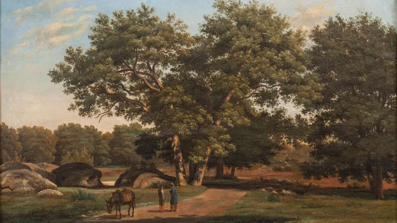 Paysage bucolique avec un &acirc;ne charg&eacute;, deux hommes et un pont de pierre, dans le style de l'&eacute;cole de Barbizon.