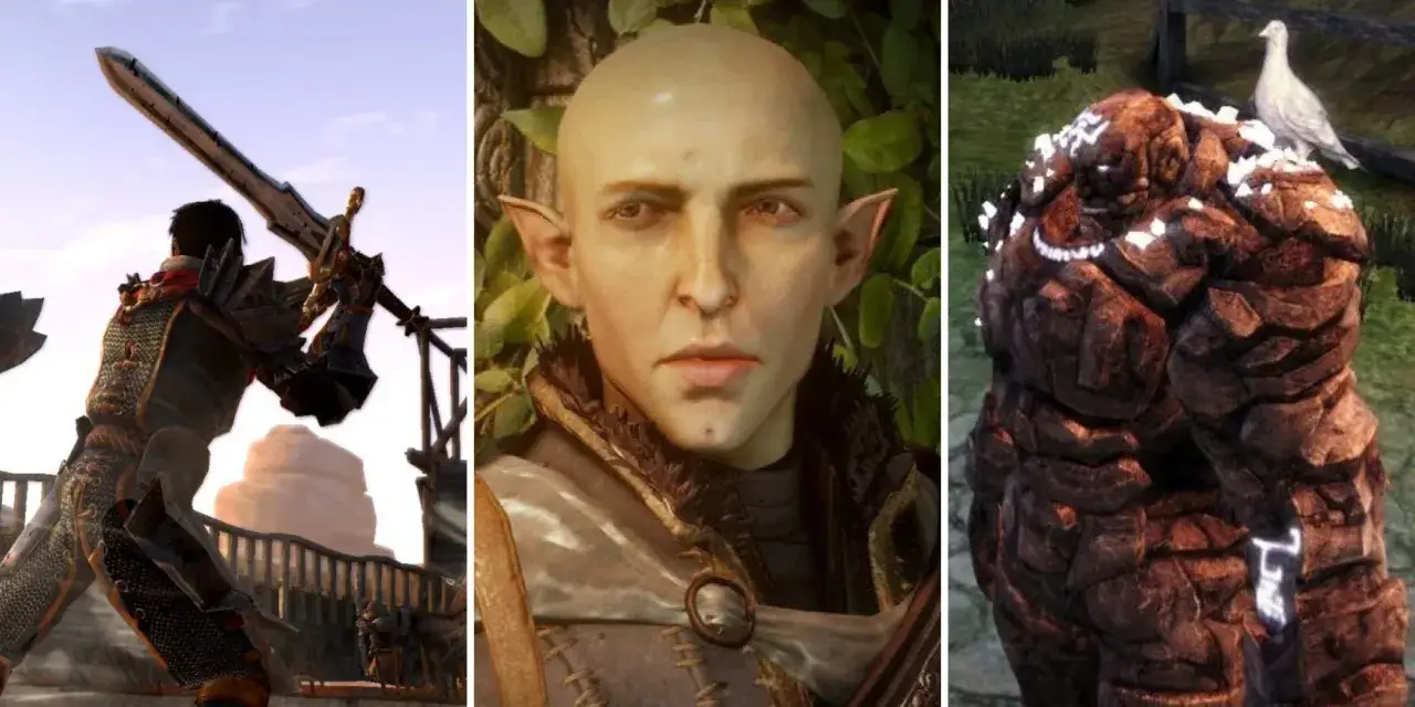 Postacie z Dragon Age 2 DLC: wojownik z mieczem, łysy elf i kamienny golem.