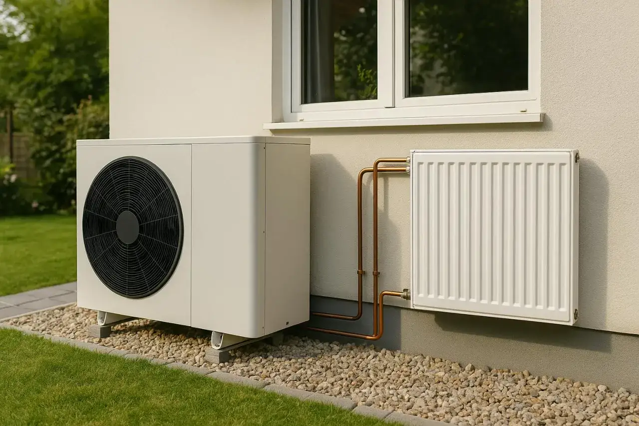 Unité extérieure de pompe à chaleur reliée par des tuyaux à un radiateur blanc fixé au mur d'une maison.