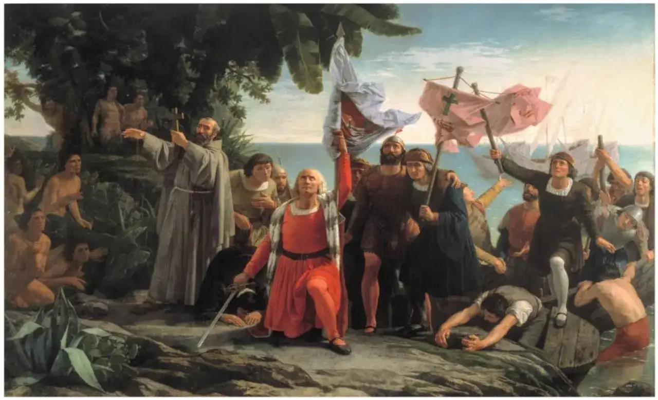 El arte en el Renacimiento: Crist&oacute;bal Col&oacute;n y su tripulaci&oacute;n desembarcan, izando banderas. Un fraile bendice la tierra.