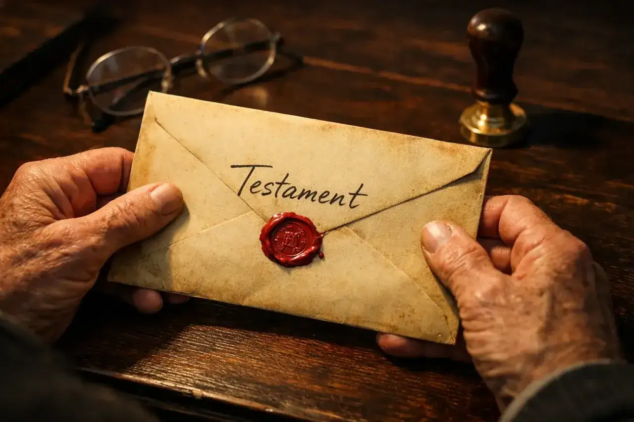 Otwarcie testamentu po 20 latach. Stare ręce trzymają zapieczętowaną kopertę z napisem 