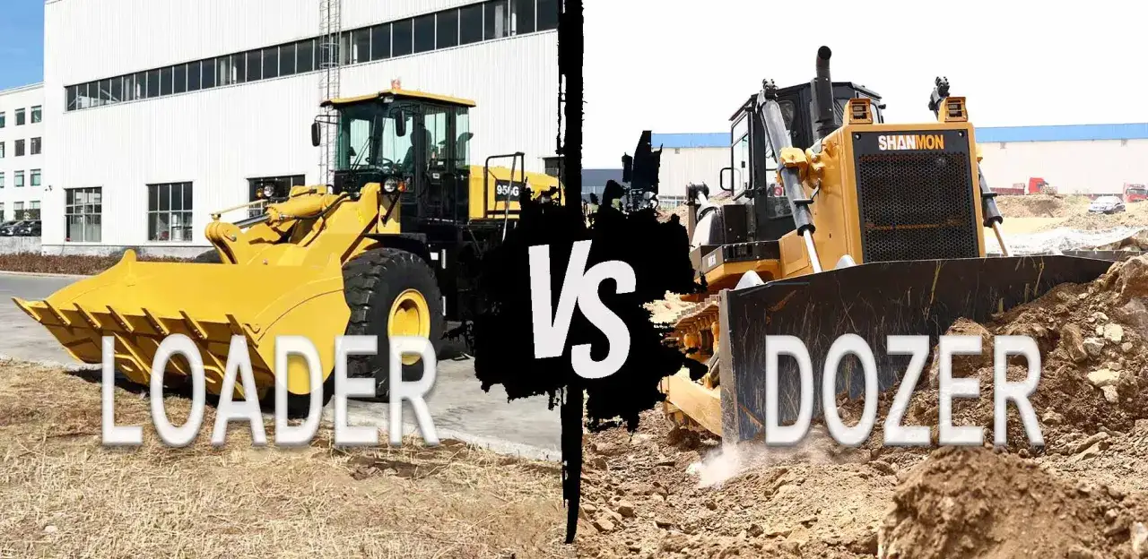 Żółty ładowarka i spychacz (dozer) w akcji, porównanie maszyn budowlanych.