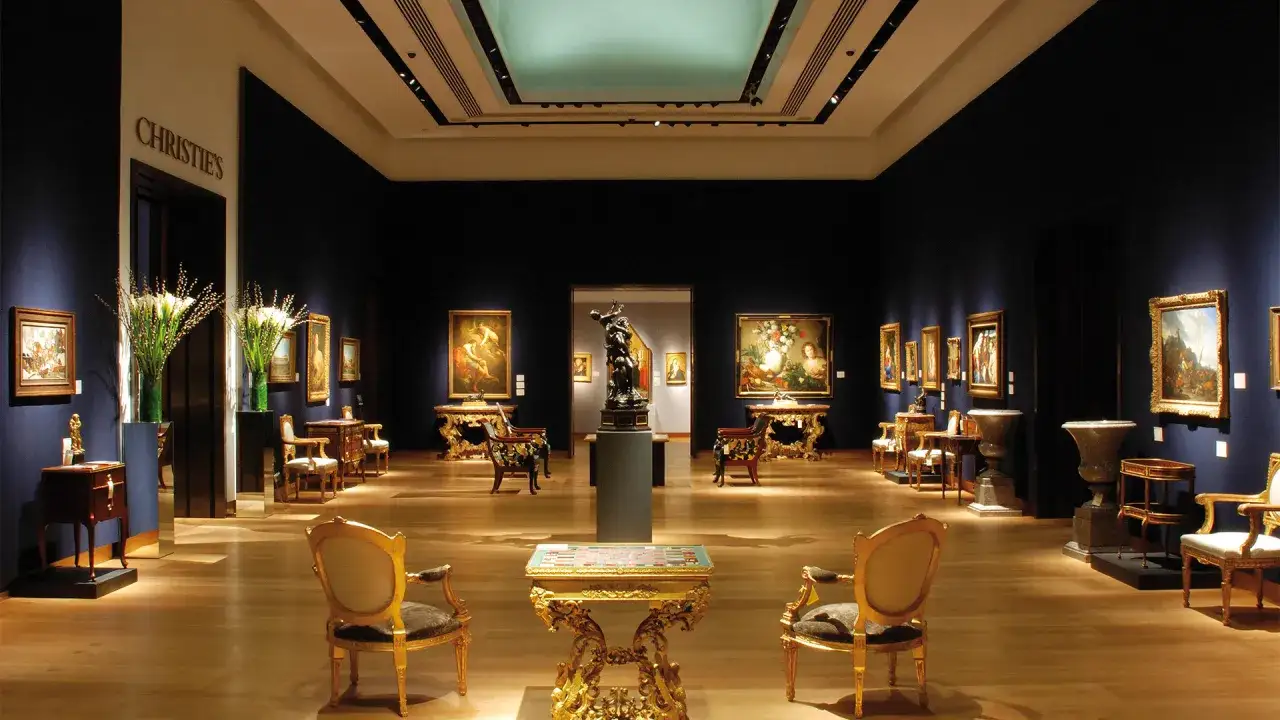 Elegant gallery at Christie's NYC, featuring classical paintings, sculptures, and antique furniture.