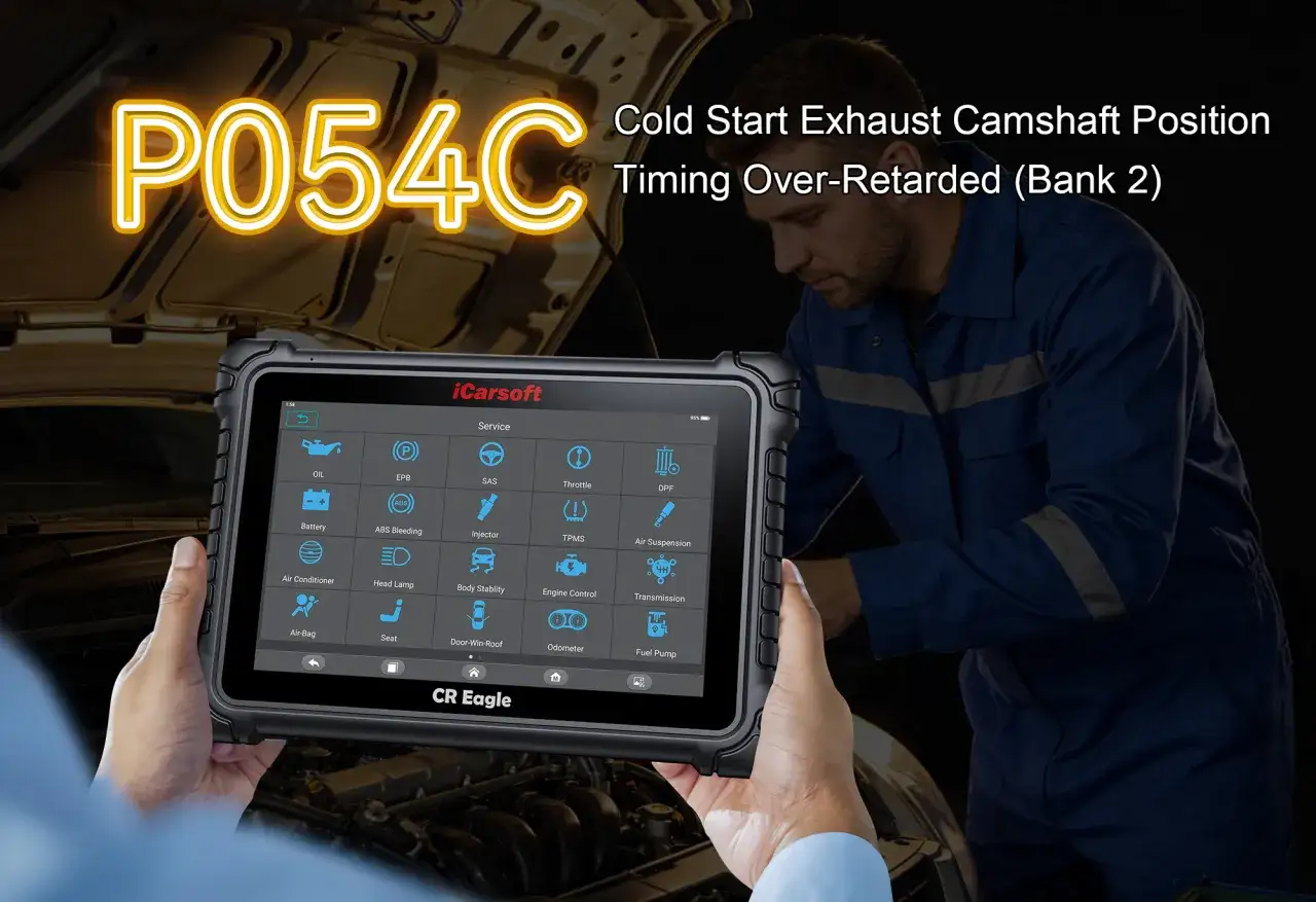 Mechanic diagnoses P054C code: Cold Start Exhaust Camshaft Position Timing Over-Retarded (Bank 2) using an iCarsoft diagnostic tool.