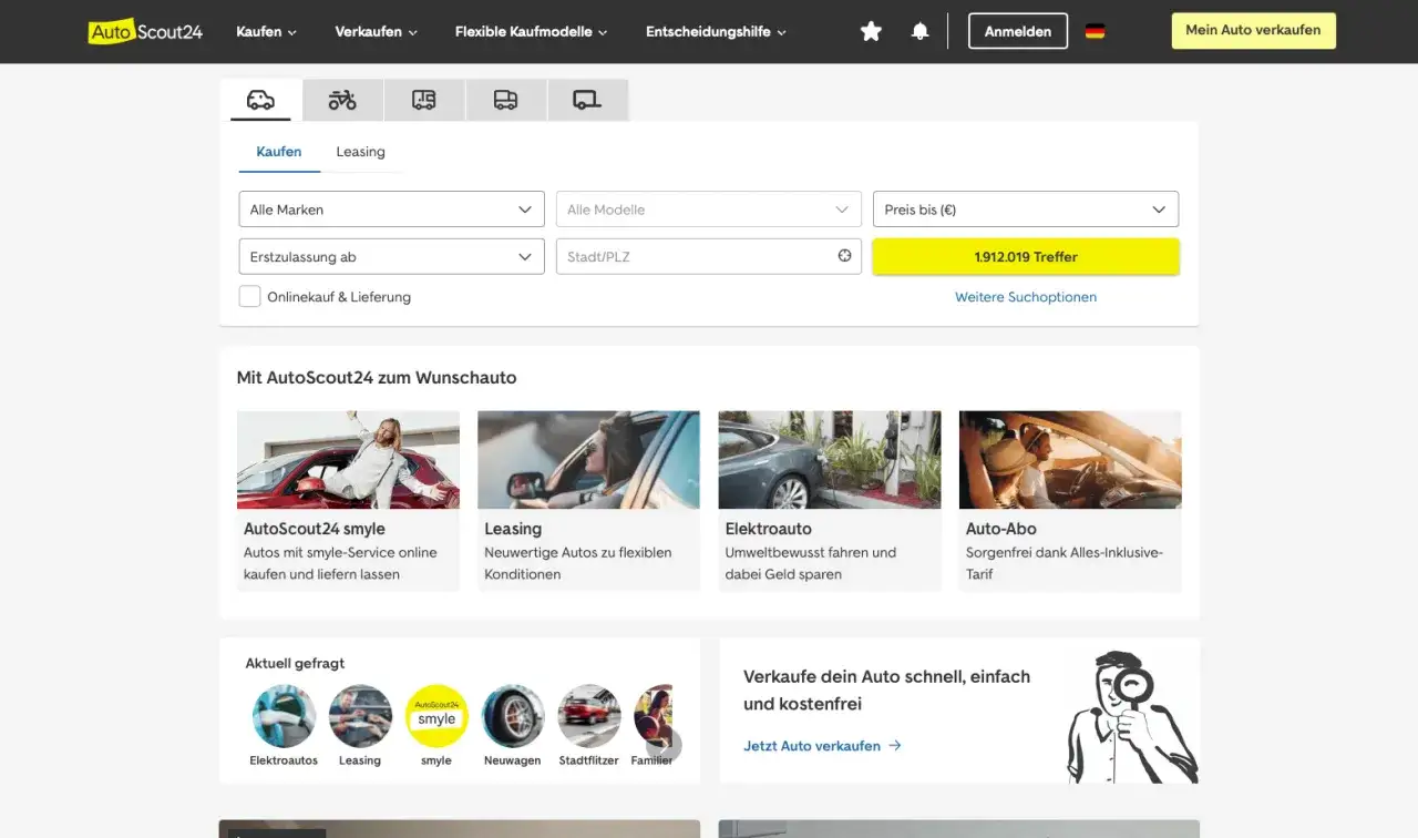 Niemieckie strony z autami: wyszukiwarka samochodów AutoScout24 z opcjami zakupu, leasingu i abonamentu.
