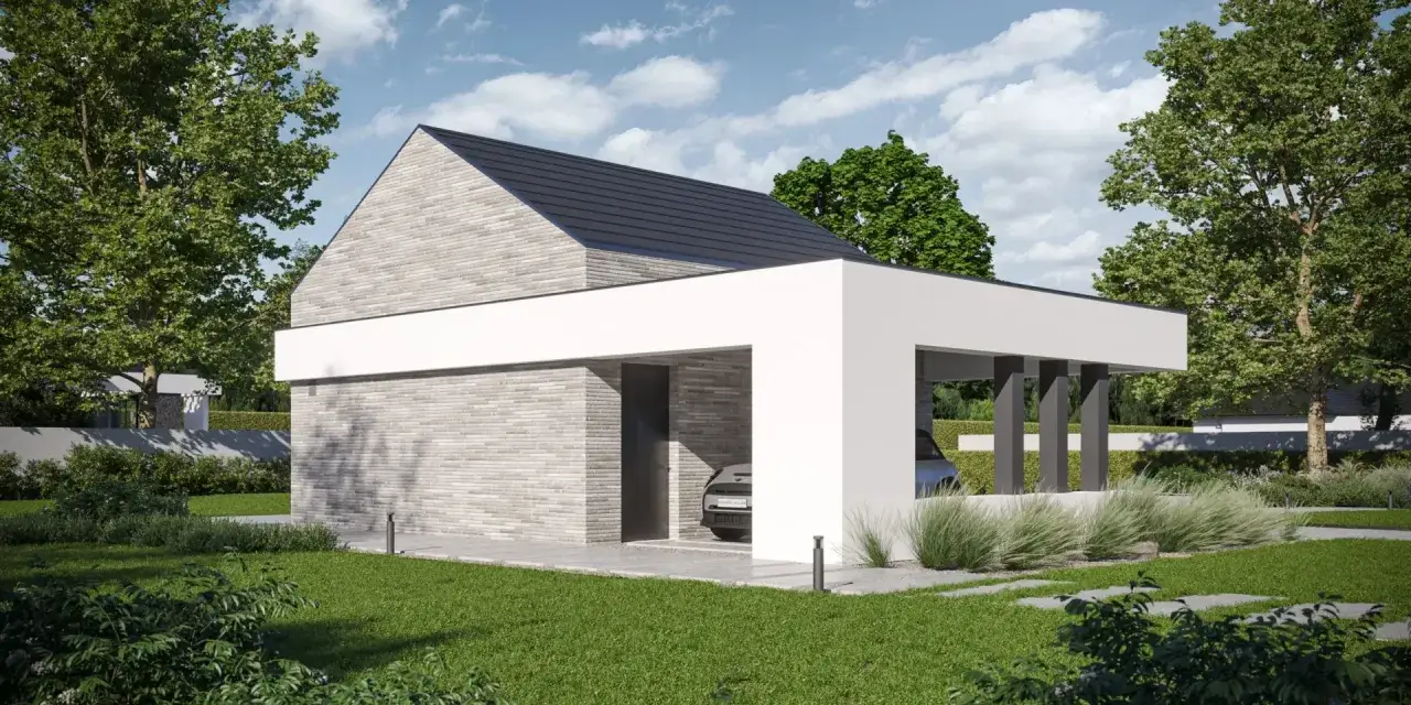 Nowoczesny garaż z wiatą, idealny dla miłośników minimalistycznej architektury. Bez pozwolenia, ale z klasą.