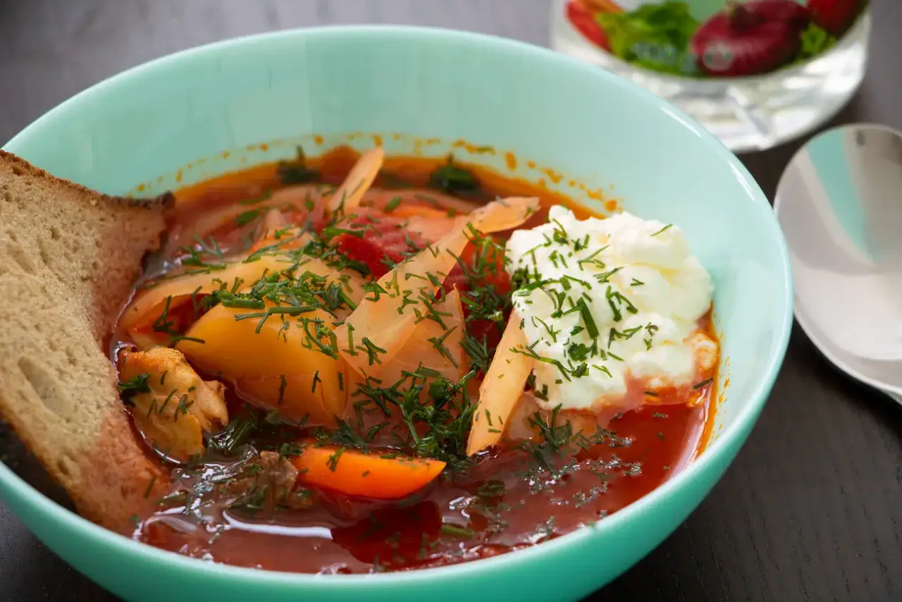 Herzhaftes russisches Essen: eine Sch&uuml;ssel Borschtsch mit Brot und einem Klecks Sauerrahm, garniert mit Dill.