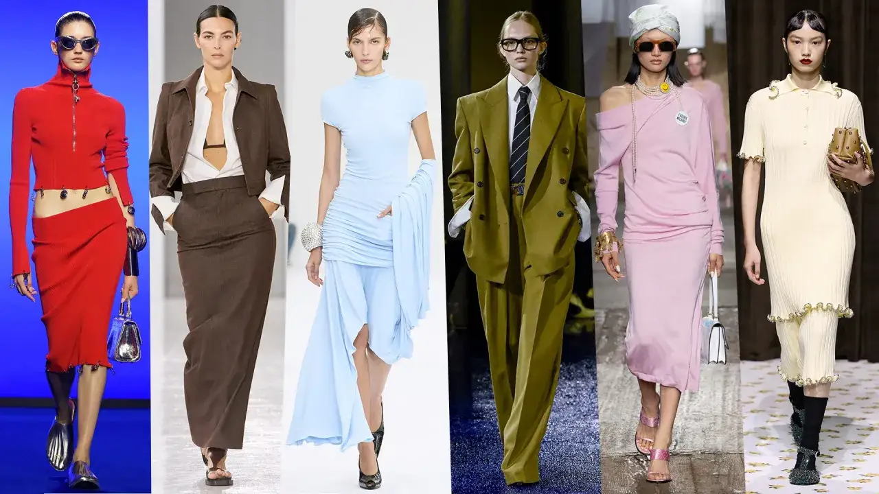 Modelle sfilano con abiti eleganti: rosso audace, marrone sobrio, azzurro etereo, verde militare deciso e rosa cipria, un tessuto dalle tinte diverse e vivaci.