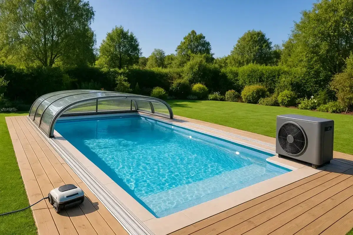 En t&auml;ckt pool med v&auml;rmepump och robotdammsugare. En dr&ouml;m att bygga pool kostnad kan vara l&auml;gre &auml;n du tror.