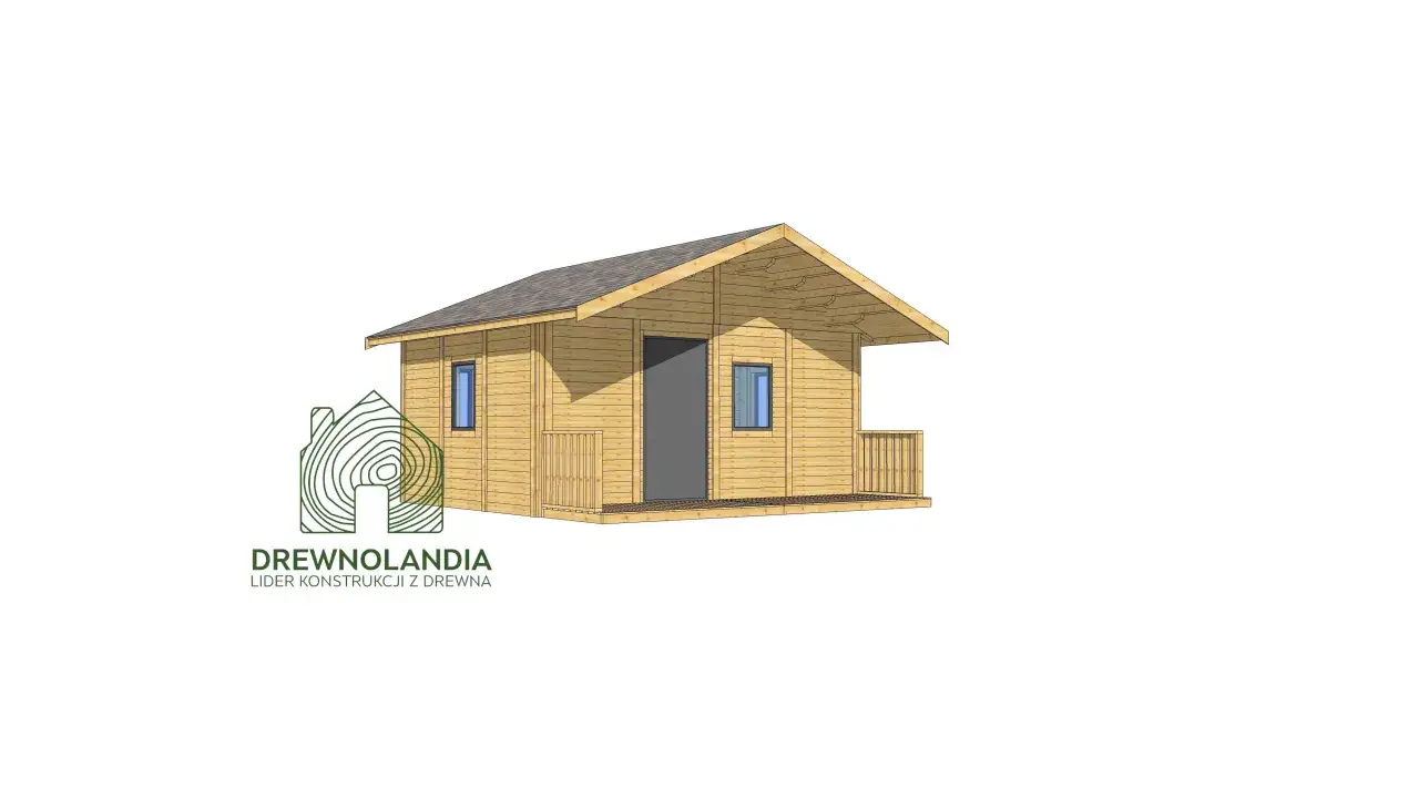 Projekt budowy domku letniskowego z drewna. Prosty, drewniany domek z werandą i dwoma oknami.
