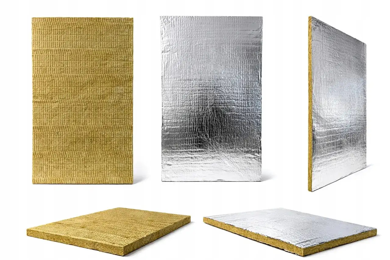 Płyty z wełny mineralnej, jedna z folią aluminiową, idealne jako wełna do kominka, zapewniają izolację termiczną i akustyczną.