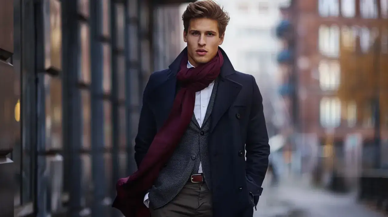 Stilig man med mörblå rock, grå kavaj och vinröd halsduk. Perfekt herrmode inspiration för hösten.
