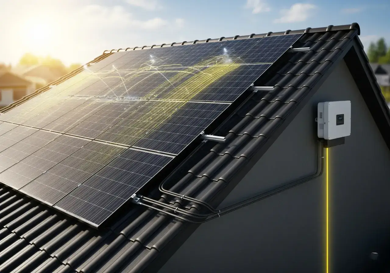Solpaneler p&aring; ett tak med en str&auml;ngv&auml;xelriktare som omvandlar solenergi till elektricitet. Gula linjer visar energifl&ouml;det.