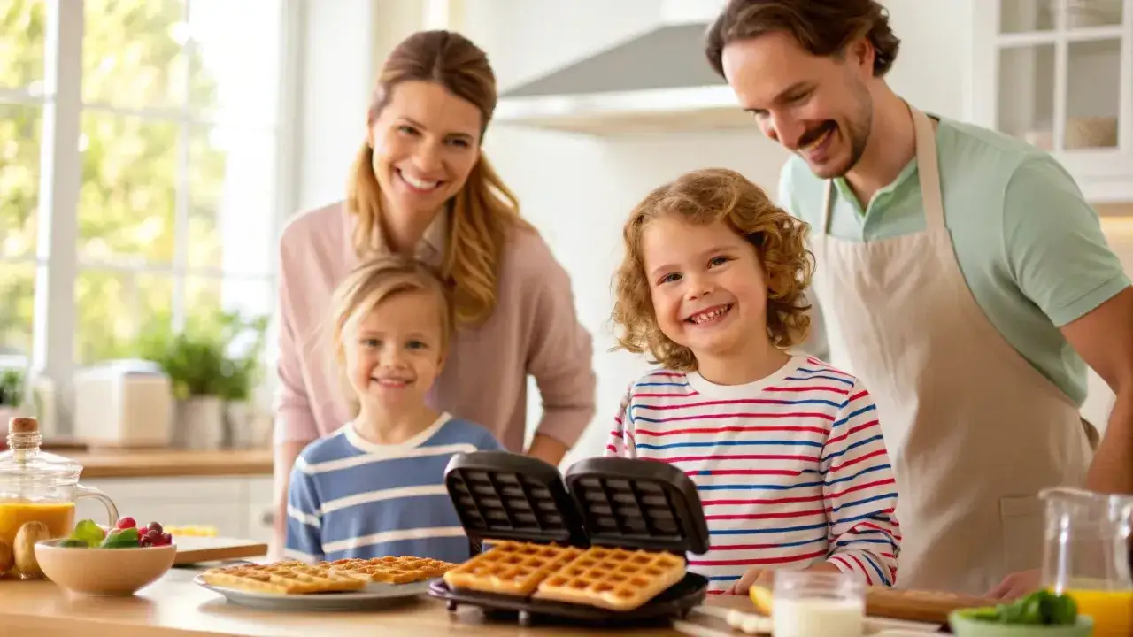 Gl&uuml;ckliche Familie backt Waffeln. Zwei Kinder strahlen vor einem Waffeleisen, w&auml;hrend die Eltern im Hintergrund l&auml;cheln.