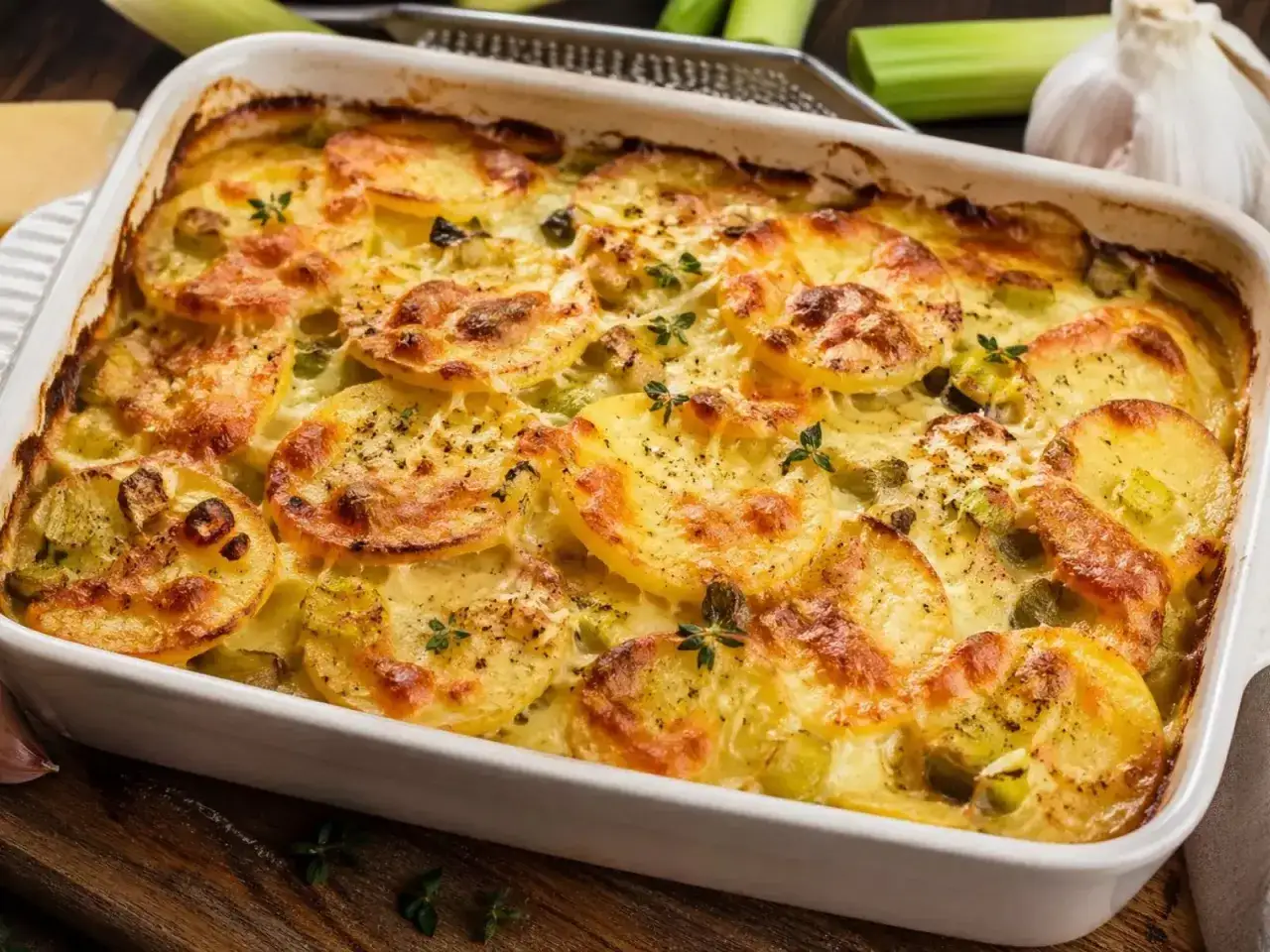Ein goldbraunes Kartoffelgratin in einer wei&szlig;en Auflaufform, garniert mit frischen Kr&auml;utern. Perfekt f&uuml;r ein gem&uuml;tliches Abendessen.