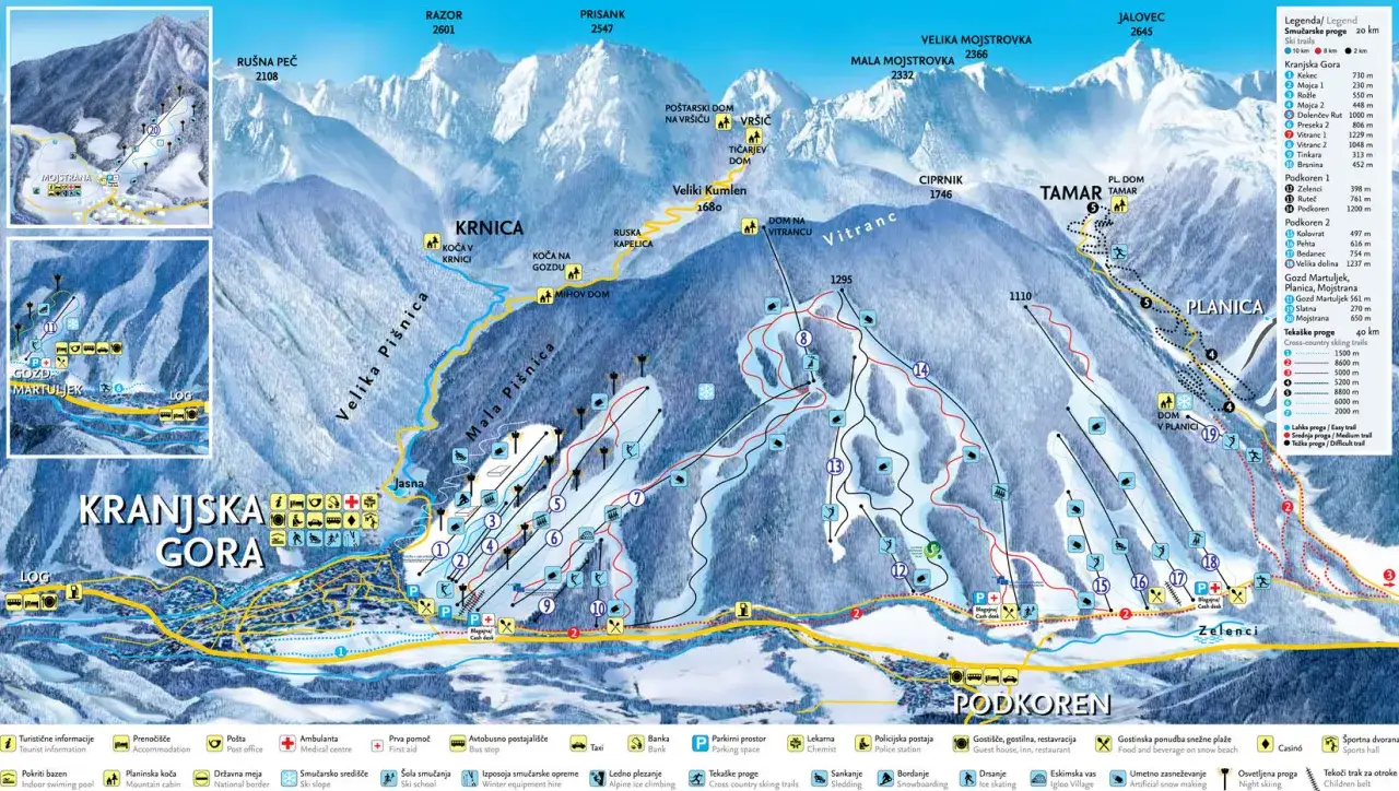 Mapa ośrodka narciarskiego Kranjska Gora, gdzie jest Planica, z trasami narciarskimi i biegowymi, wyciągami i punktami usługowymi.