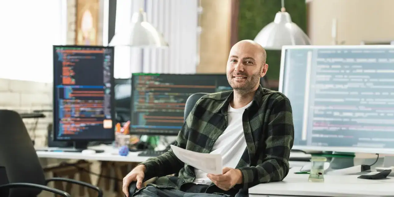 Ein Mann mit Glatze, der ein Dokument h&auml;lt, sitzt vor mehreren Computermonitoren mit Code. Er k&ouml;nnte einen **Techniker Fernstudium IHK** absolvieren.