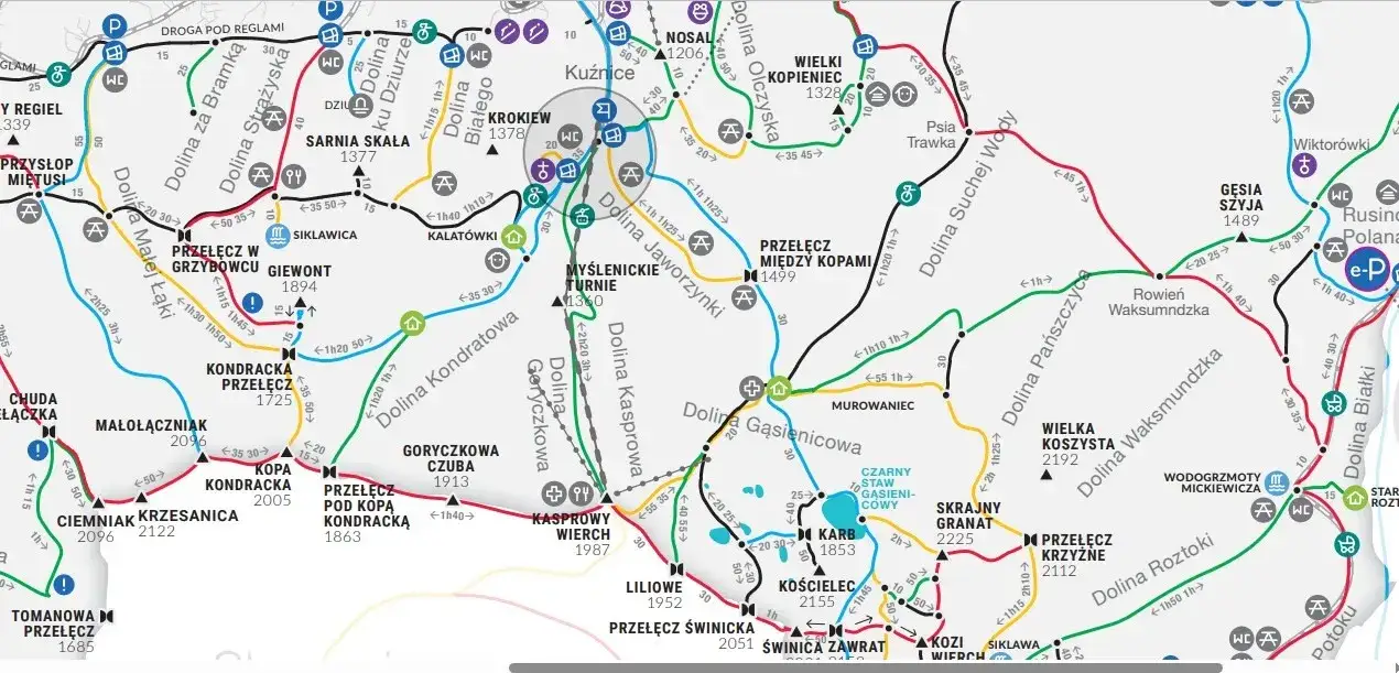Mapa szlaków pieszych Kasprowy Wierch