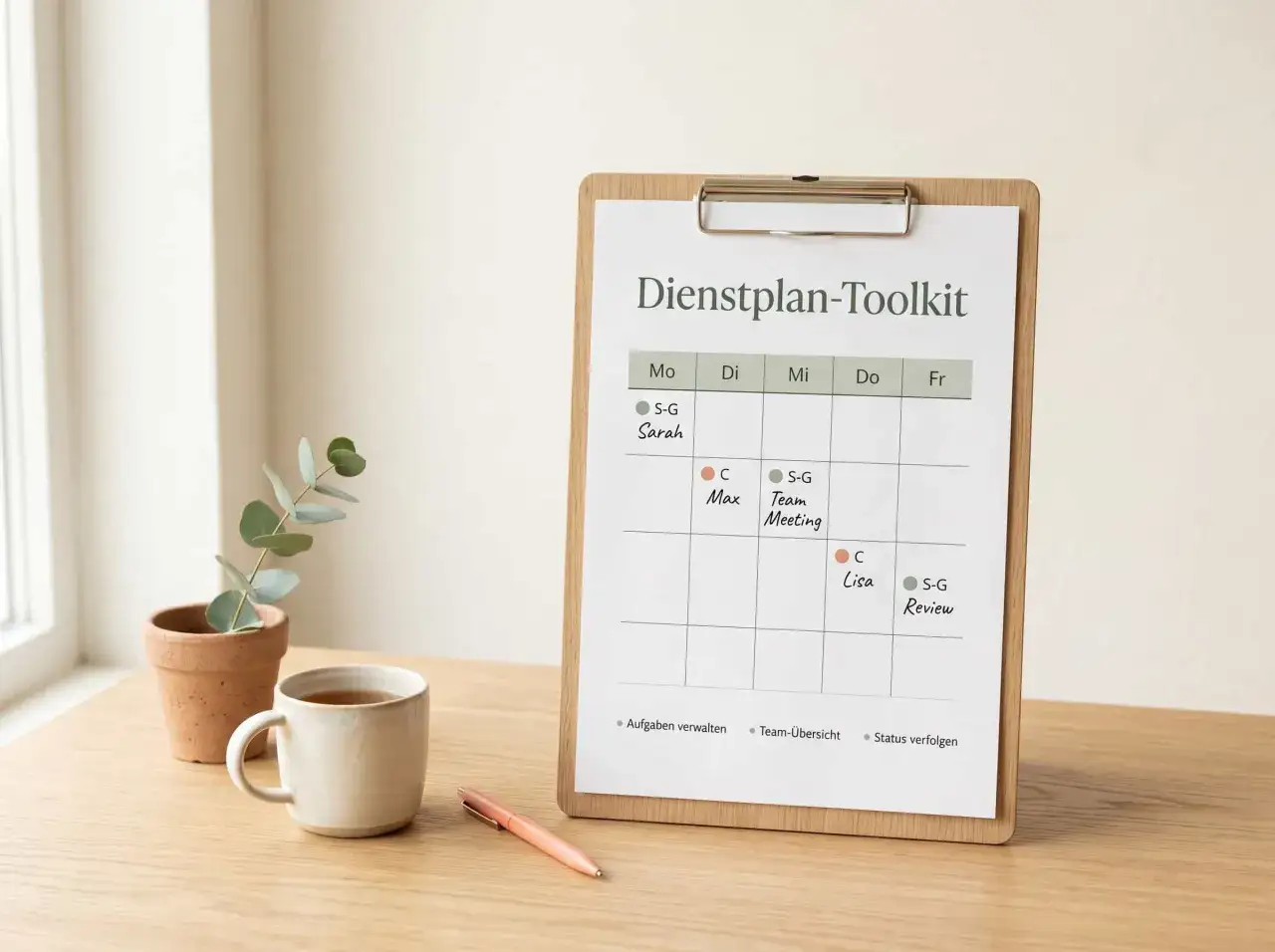 Dienstplan-Toolkit zeigt Schichtarbeit mit Kind. Sarah, Max und Lisa sind im Plan. Arbeitsrechtliche Aspekte bei Schichtarbeit mit Kindern sind hier relevant.