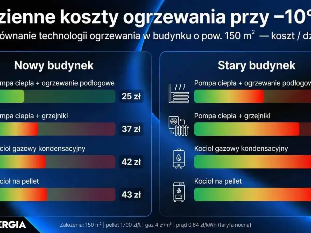 Porównanie kosztów ogrzewania domu 150 m² przy -10°C. Sprawdź, czym ogrzać dom: pompa ciepła czy kocioł gazowy/na pellet.