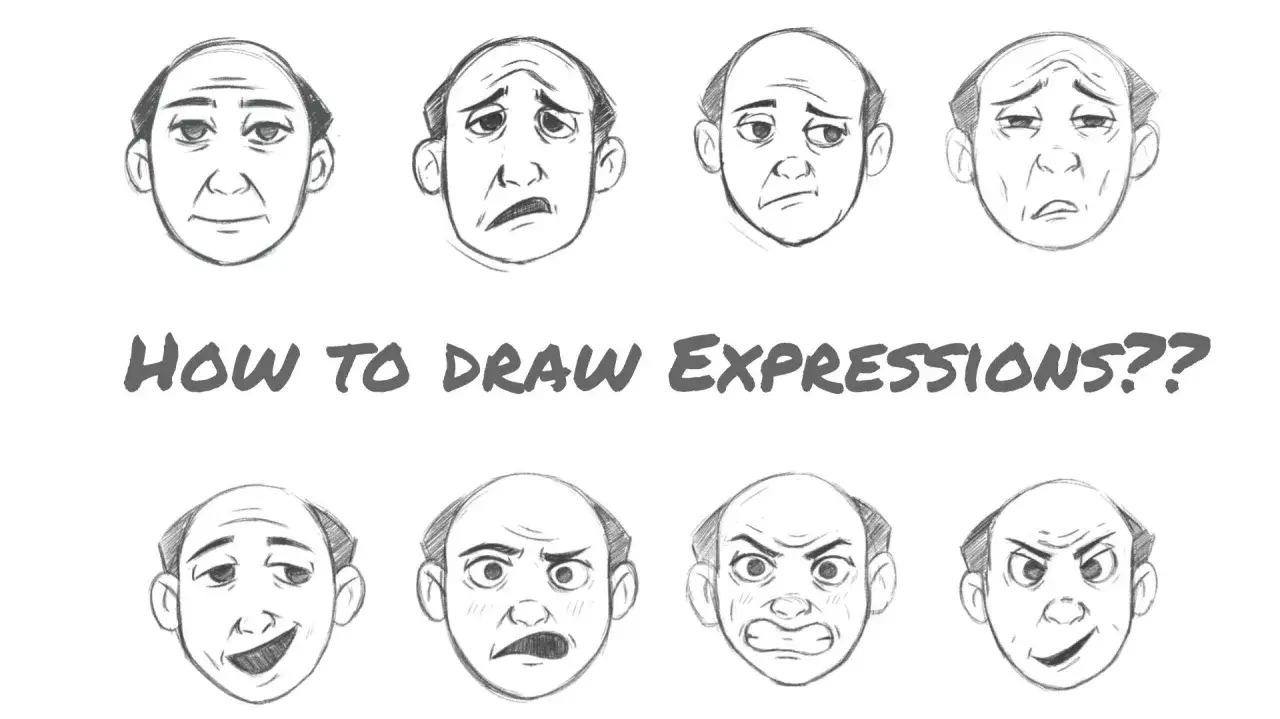 Huit visages esquissés montrant diverses émotions, un dessin difficile de personnage.