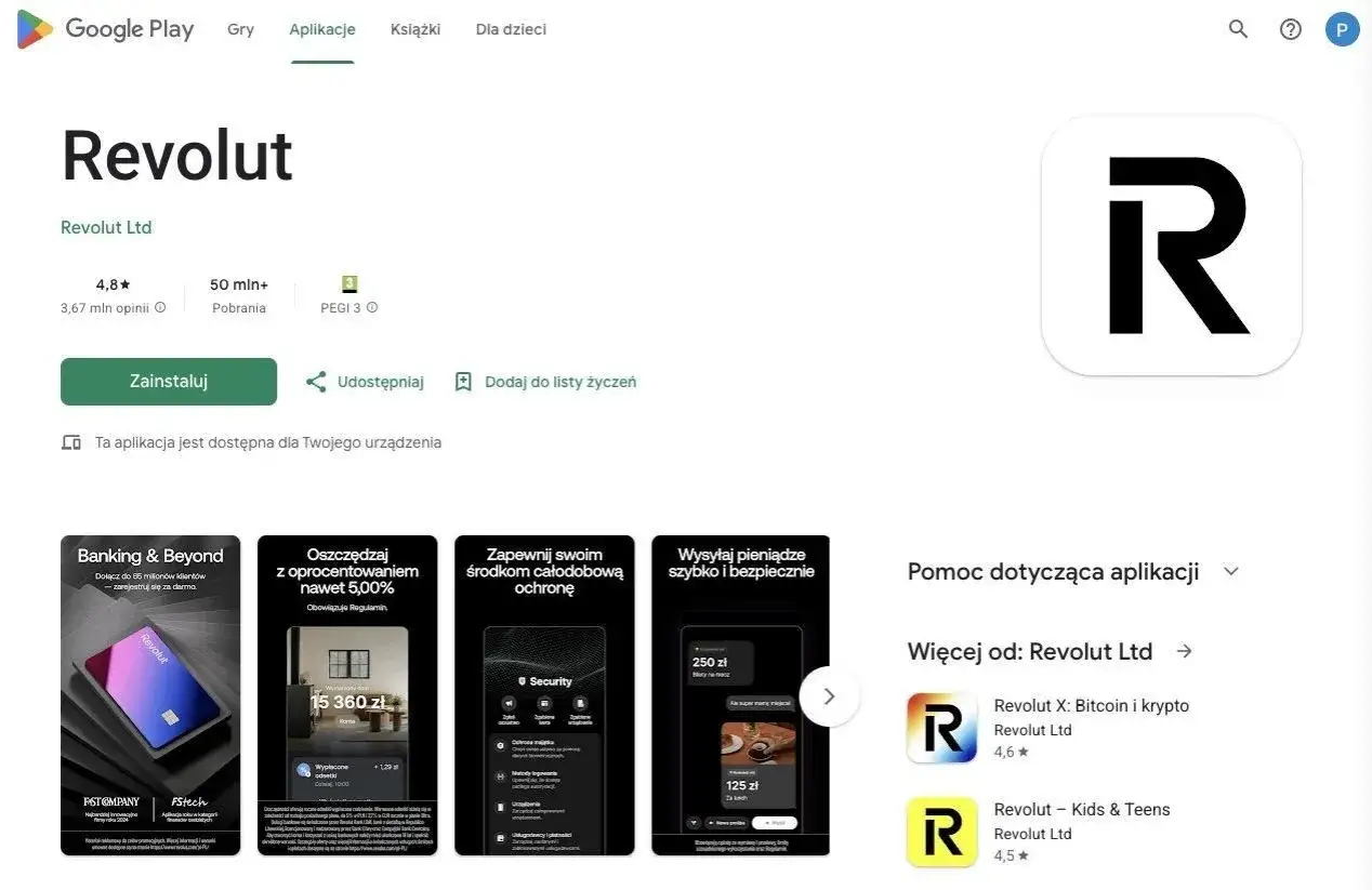 Karta kredytowa Revolut w aplikacji Google Play. Zarządzaj finansami, oszczędzaj i wysyłaj pieniądze bezpiecznie.