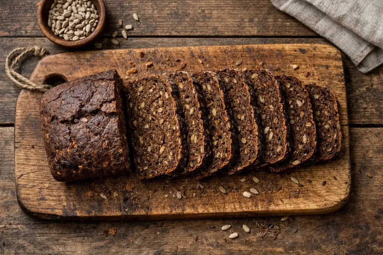 Ein Laib Roggenbrot, in Scheiben geschnitten, liegt auf einem Holzbrett. Sonnenblumenkerne und K&uuml;mmel sind verstreut. Dieses Roggenbrot ist gesund und nahrhaft.