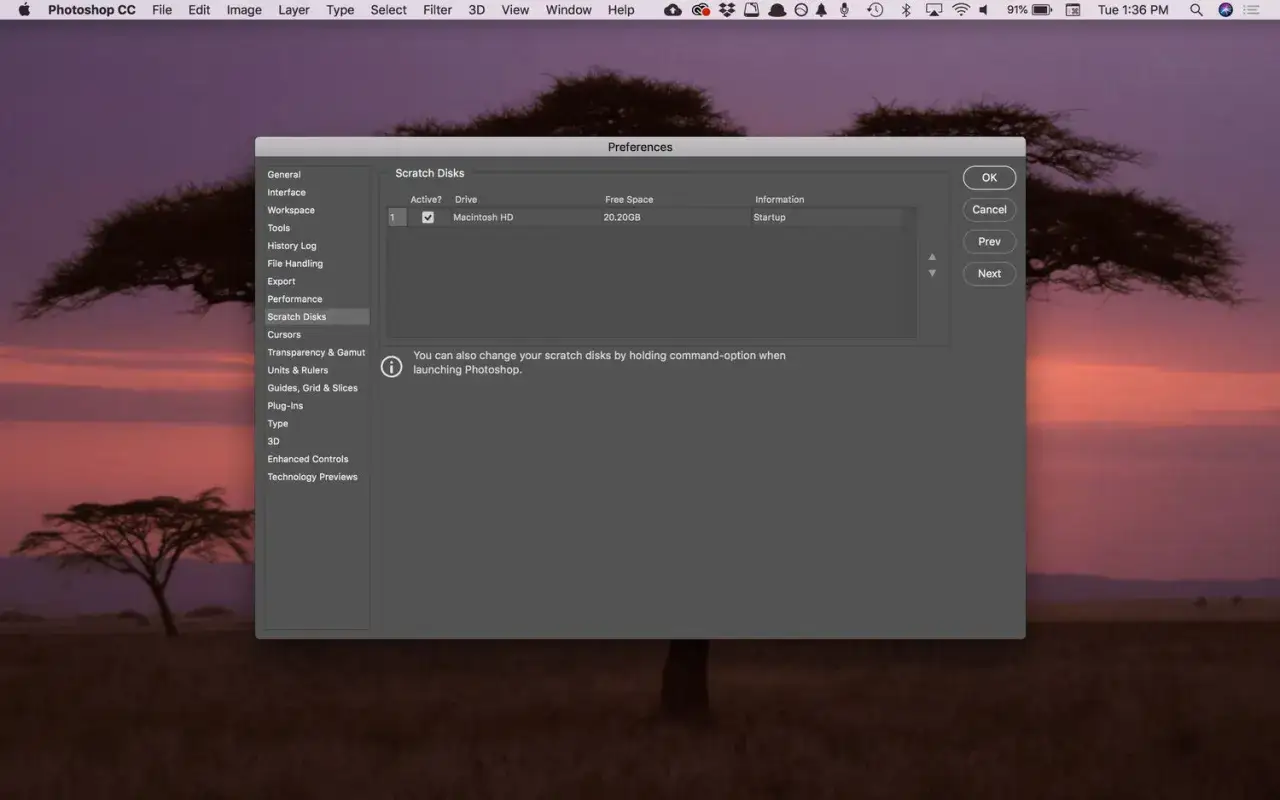 Photoshop Scratch Disks preferences