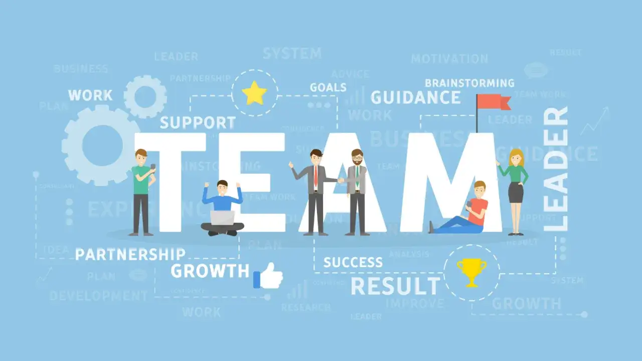 Teamwork illustration with people and words like 