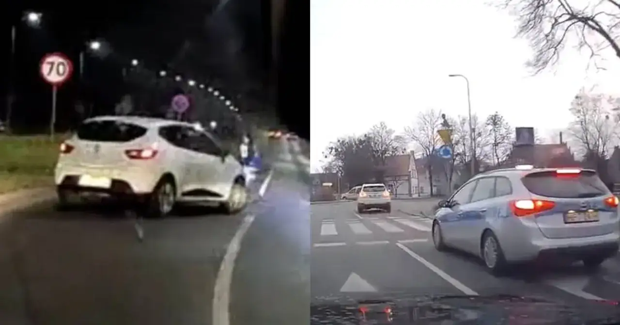 Policja próbuje zatrzymać auto, ale kierowca podejmuje próbę omijania.