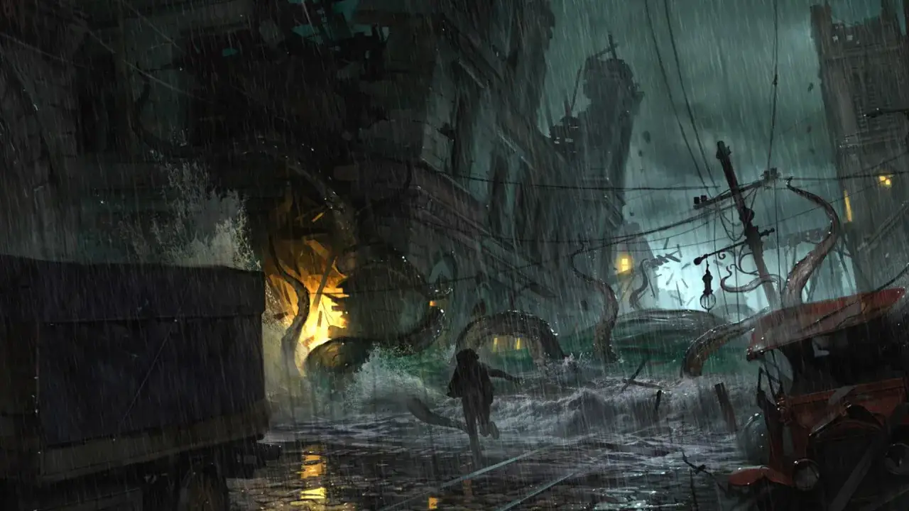 Mroczna, deszczowa noc. Gigantyczne macki wynurzają się z wody, niszcząc budynki. Człowiek ucieka przez zalane ulice, to **the sinking city**.