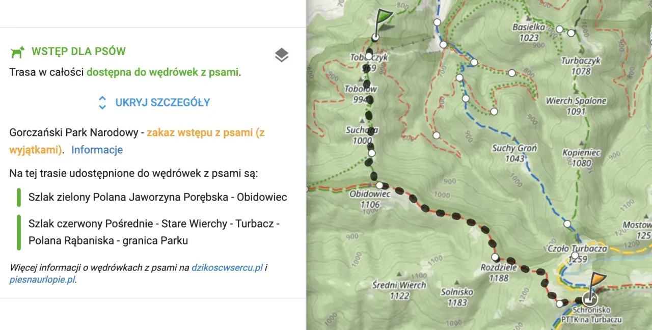 Bieszczady z psem szlakiem zielonym i czerwonym. Mapa turystyczna z zaznaczonymi trasami dostępnymi dla czworonogów.