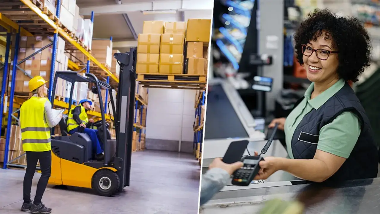 En kvinna jobbar i butik vid kassan, medan en annan kvinna &ouml;vervakar en truck i ett lager.