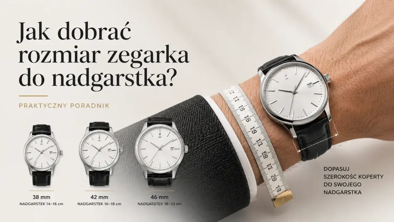 Dobierz idealny rozmiar zegarka do swojego nadgarstka. Poradnik pokazuje, jak dopasować szerokość koperty, od 38 mm do 46 mm, do obwodu ręki.