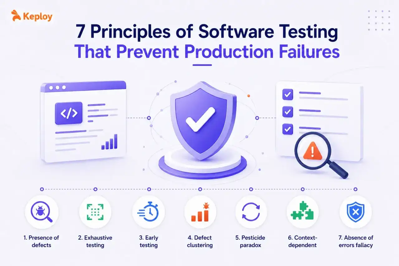 7 zasad testowania oprogramowania, w tym **negative testing**, zapobiegających awariom produkcji. Ikony ilustrują zasady.