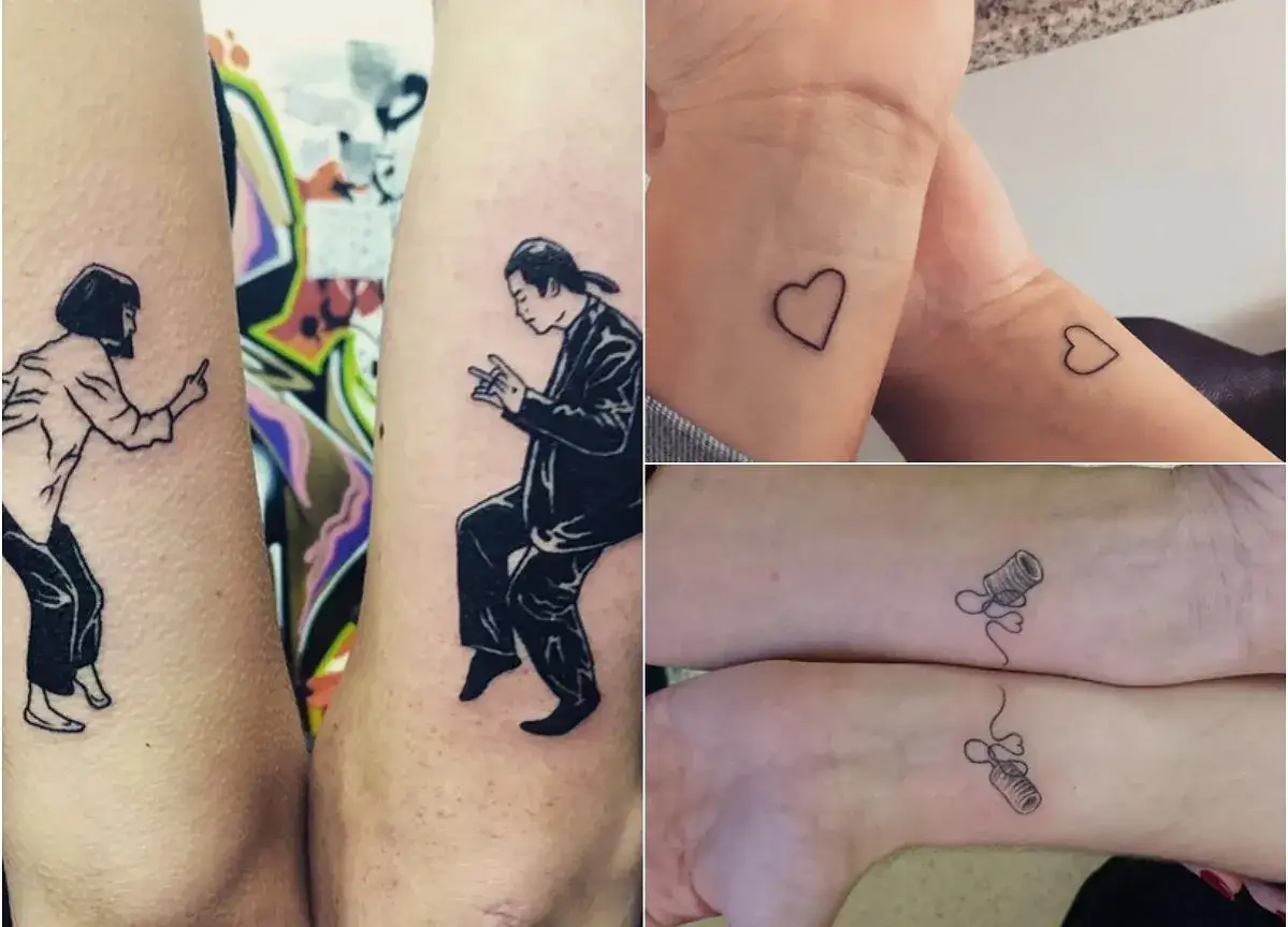 Tatuaz dla przyjaci&oacute;łek: postacie z Pulp Fiction, serduszka i motki nici.