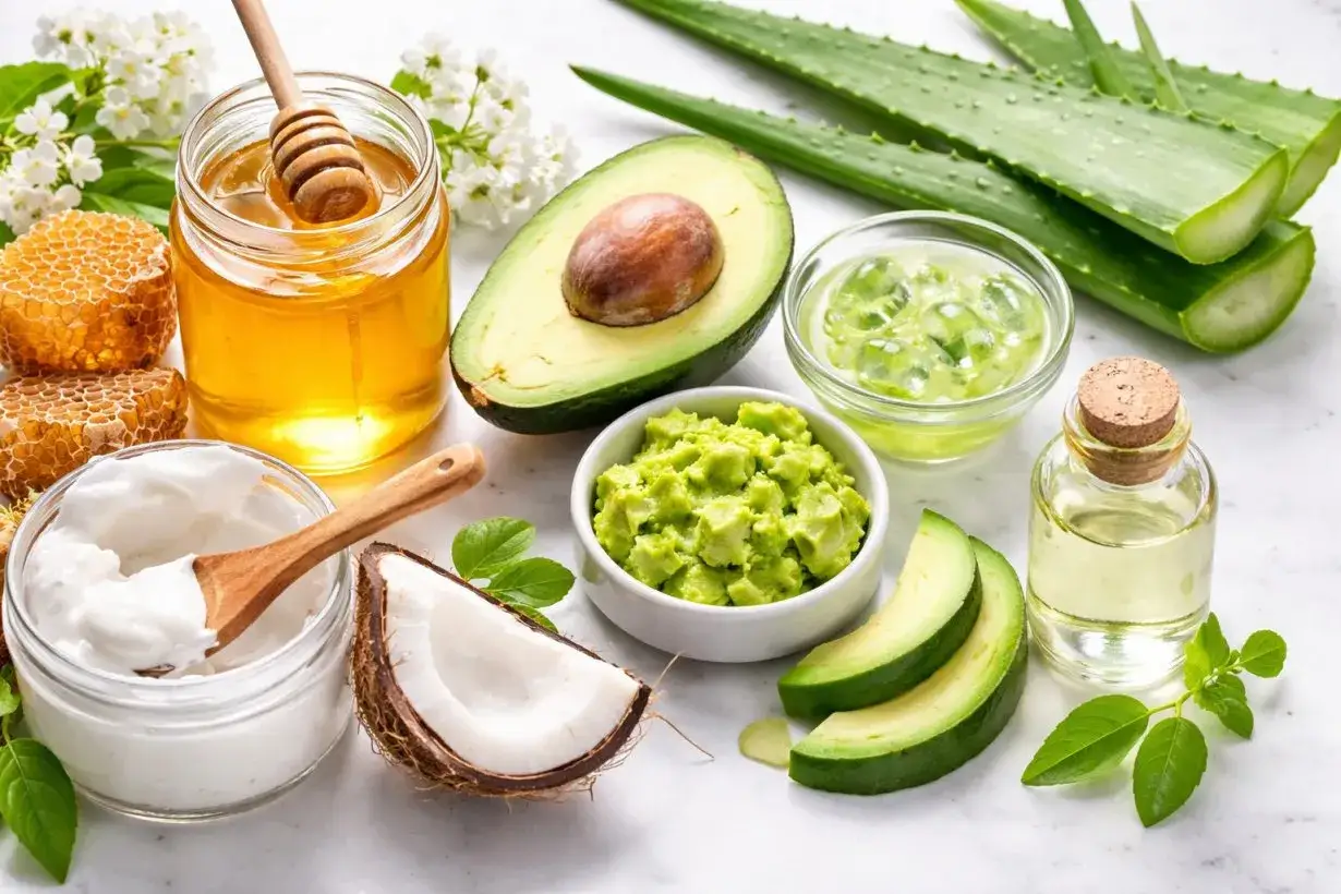 Ingredienti naturali per ammorbidire la pelle vecchia: miele, avocado, aloe vera, olio e crema idratante.