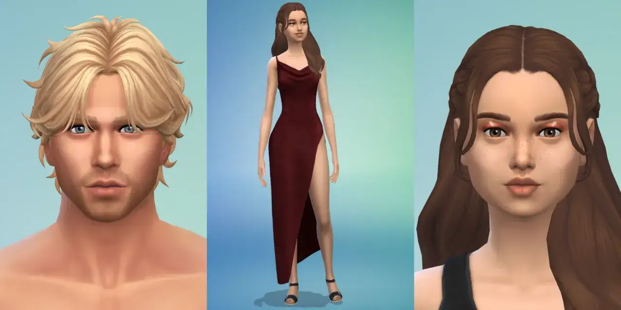 Sims 4 CC: Mann mit blonden Haaren, Frau in rotem Kleid, Frau mit braunen Haaren und Sommersprossen.