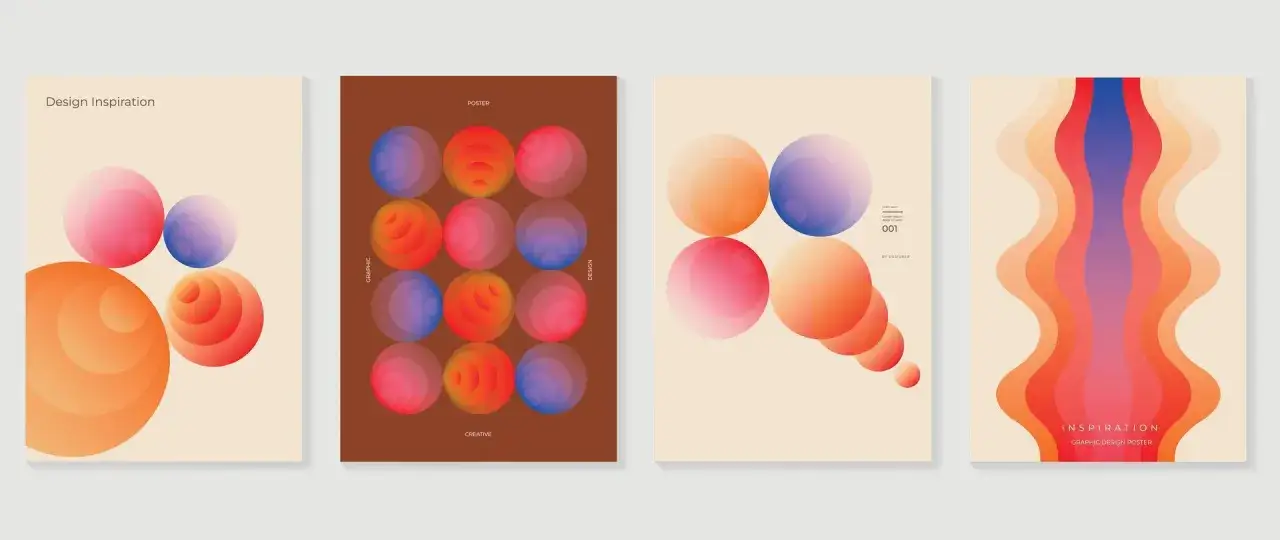 Four graphic design posters featuring abstract shapes and bright colors. One shows overlapping spheres, another a grid of spheres, and the last a wavy, layered design.
